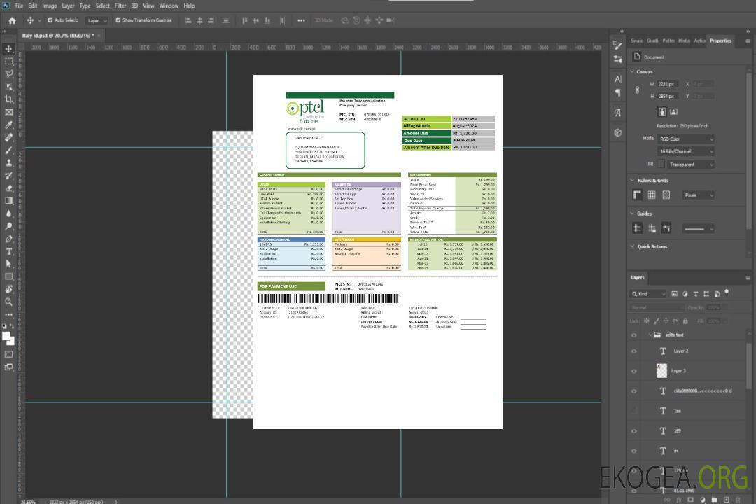 Modèle de facture de services publics pour les entreprises du Pakistan PTCL aux formats Word et PDF template